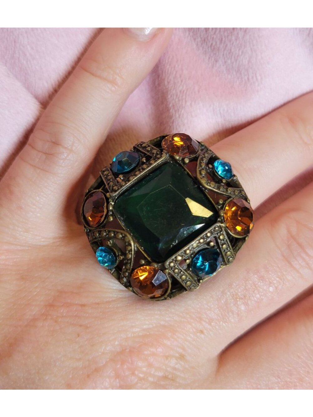 Colorful Rhinestone Orange Blue Green Stretchy Costume Ring R1